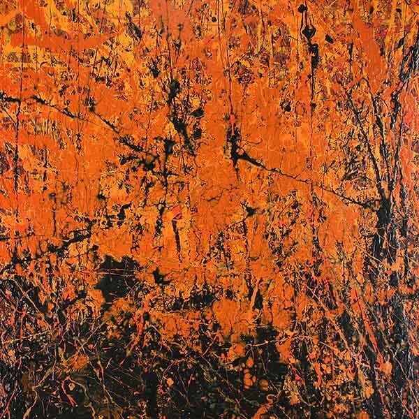 An abstract work on a square board with layered shades of orange with a dominant application of black.