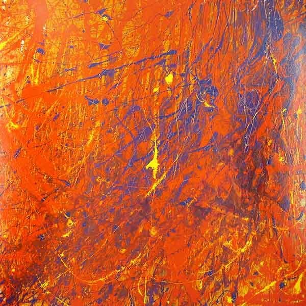 A square-shaped abstract work on a panel, made using latex acrylic paint with bright orange, purple, yellow and a light orange base.