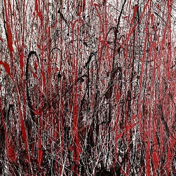 A square-shaped painting on canvas with red, black, and white with latexy acrylic paint as the medium.