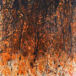 Dominant shades of black on top of shades of orange using latex acrylic on a square board.