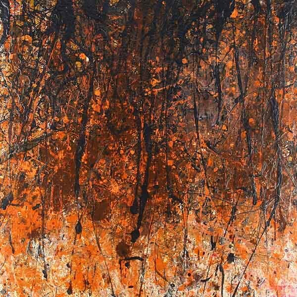 Dominant shades of black on top of shades of orange using latex acrylic on a square board.