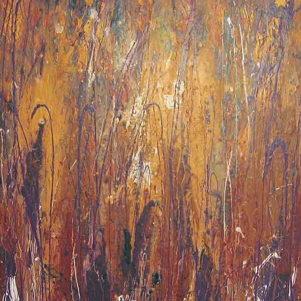 An abstract painting work on a framed board in landscape format with earthy shades of purple, yellow and brown with hints of a rusty orange.