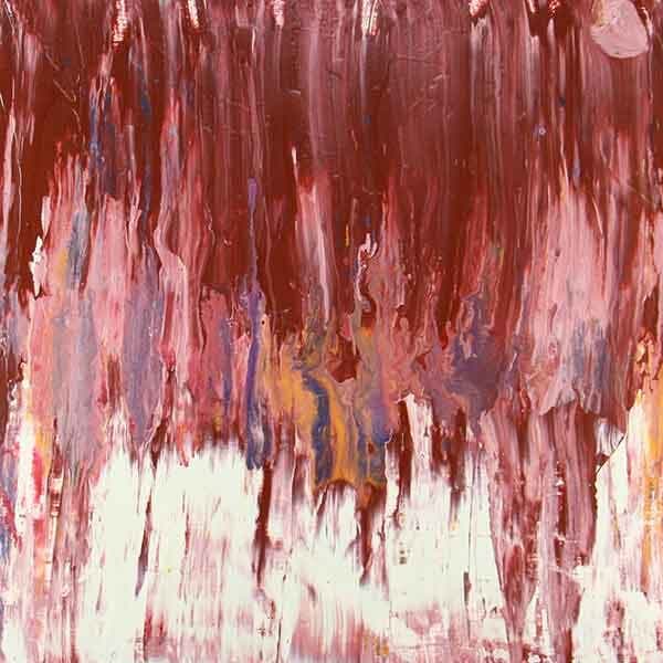 A square panting using latex acrylic on a board, a maroon field of color blends into white with mixing of colors in the middle of the piece that feels like a detail of the planet Jupiter.