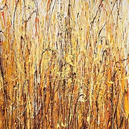 A vertical abstract work on canvas with prominent use of yelow, with traces of orange, deep red and brown.