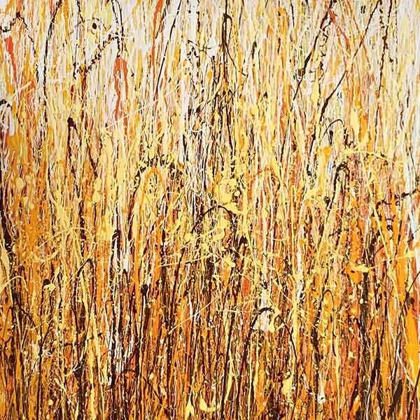 A vertical abstract work on canvas with prominent use of yelow, with traces of orange, deep red and brown.