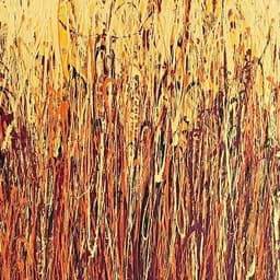 A vertical abstract work on canvas with prominent use of yelow, with traces of orange, deep red and brown.
