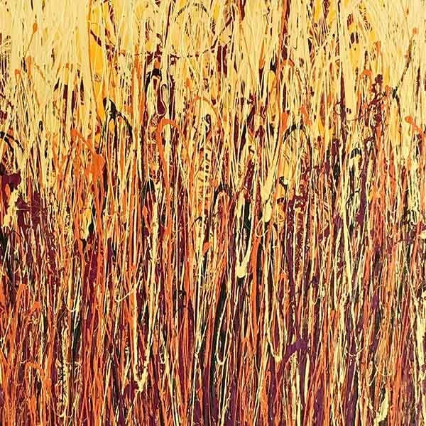 A vertical abstract work on canvas with prominent use of yelow, with traces of orange, deep red and brown.