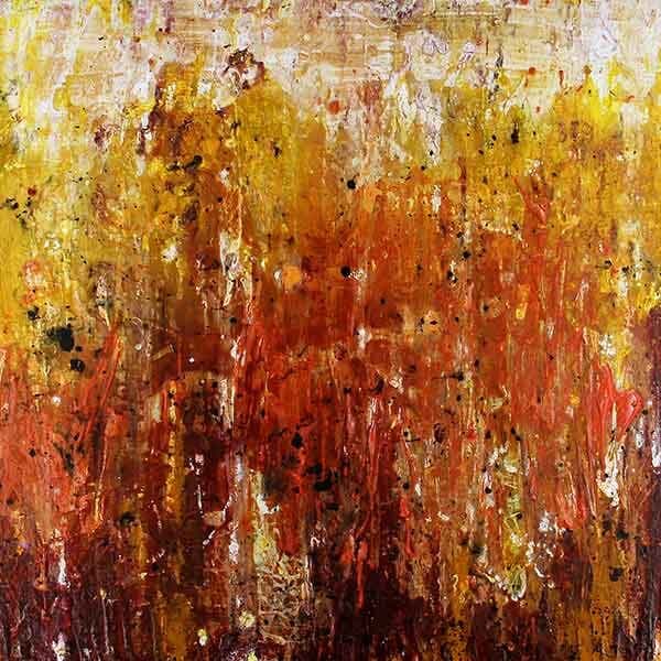 A square abstract work on board using latex acrylice with fiery applications of white, yellow, orange and a deep red to give it a flame-like appearance.