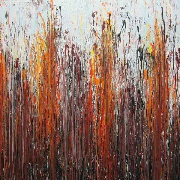 A wide work with a deep navy fading into a lighter blue at the top with pockets of orange in the work feeling like torches of a marching army of men.