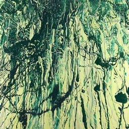 A square abstract works with various shades of green building up over a board with latex acrylic.