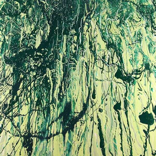 A square abstract works with various shades of green building up over a board with latex acrylic.
