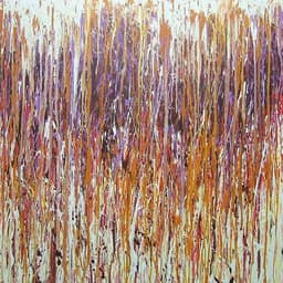 A square abstract work featuring mint green as the prominent color with some purples, dark purples oranges and golden yellow peeking through.