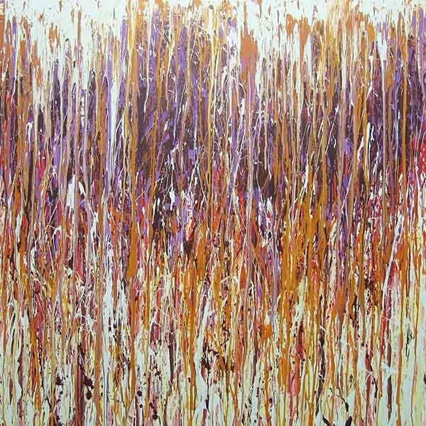 A square abstract work featuring mint green as the prominent color with some purples, dark purples oranges and golden yellow peeking through.