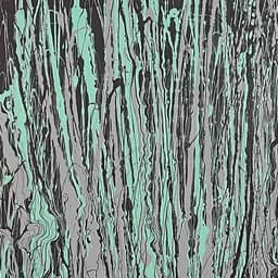 A vertical splatter abstract work on canvas with light gray, mint green, and a dark brown almost black colo scheme.