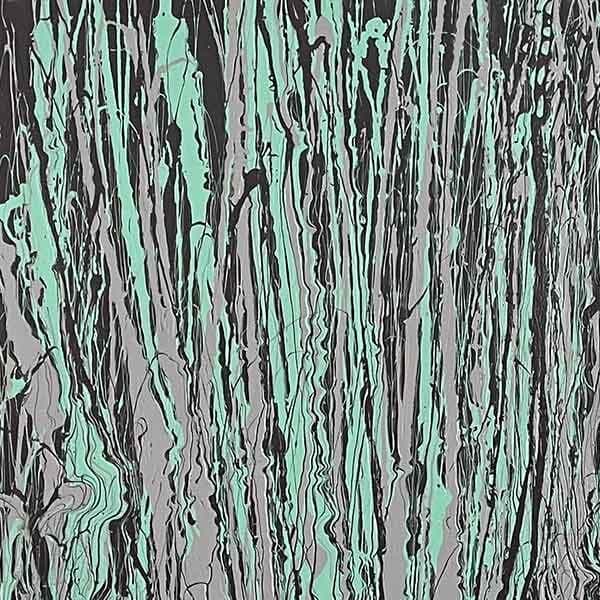 A vertical splatter abstract work on canvas with light gray, mint green, and a dark brown almost black colo scheme.