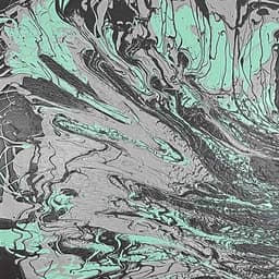 A vertical swirling abstract work on canvas with light gray, mint green, and a dark brown almost black colo scheme.