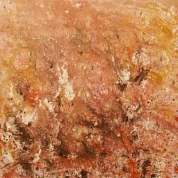 A cloud-like application of earthy colors creates a soft but chaotic visual on this abstract piece on a square board.