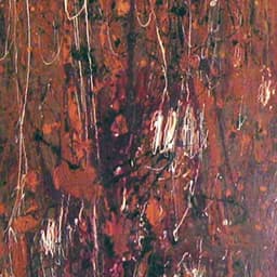 A vertical abstract piece on a rectangular board on a frame with earthy purples, browns and orange shades of color.