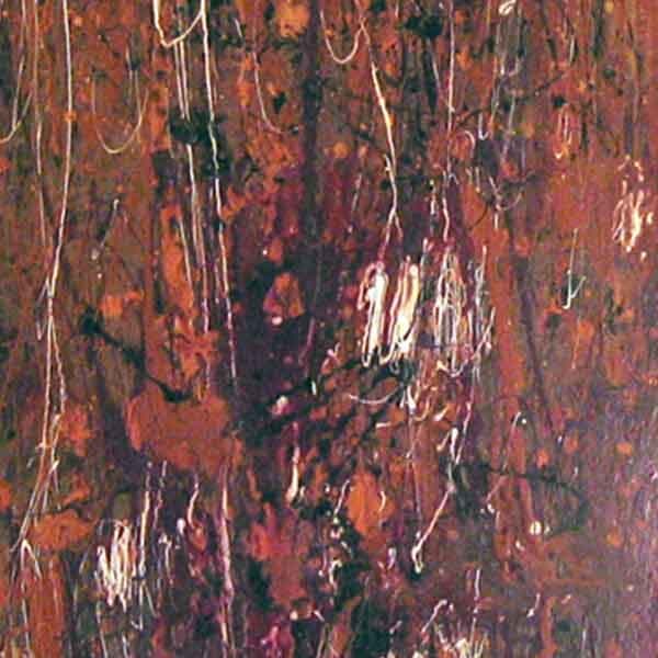 A vertical abstract piece on a rectangular board on a frame with earthy purples, browns and orange shades of color.