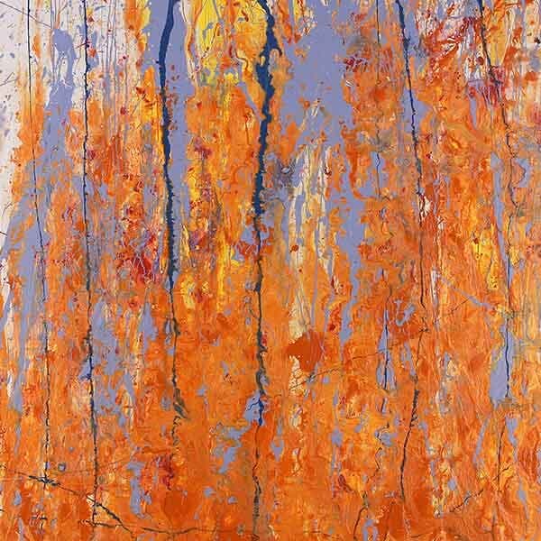 An orange heavy abstract painting with touches of light blue, dark blue and yellow on a board.