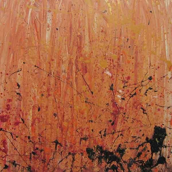 A square abstract painting with an iridescent, pearl-like finish with splatters of black and red.