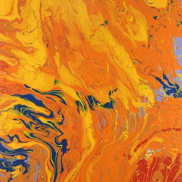 An abstract work with swirling color with orange being the main color with hints and specs of blue, red and yellow.
