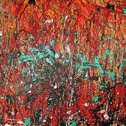 An abstract painting on a small board in landscape format with right red, orange, teal green and black.