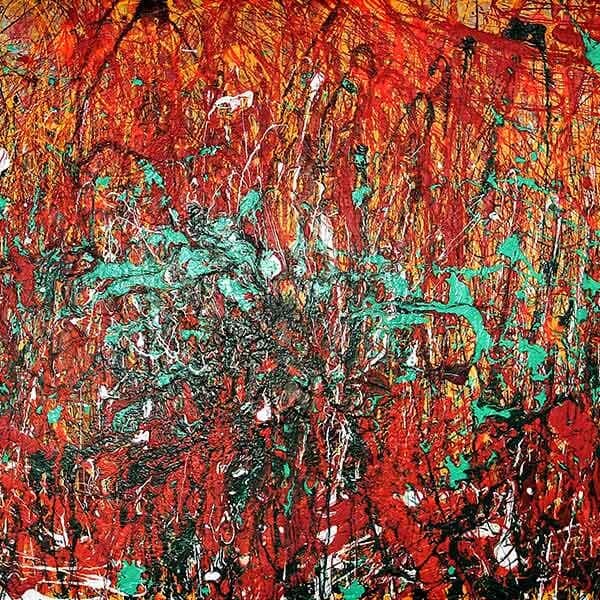 An abstract painting on a small board in landscape format with right red, orange, teal green and black.