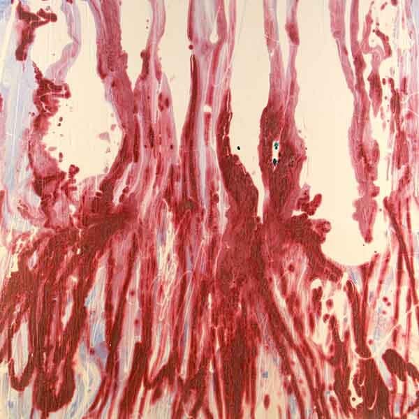 A squre abstract work on board with a swirling field of white and red using acrylic paints.