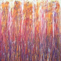 Abstract painting work on an unstretched canvas with reds, purples, oranges and whites.