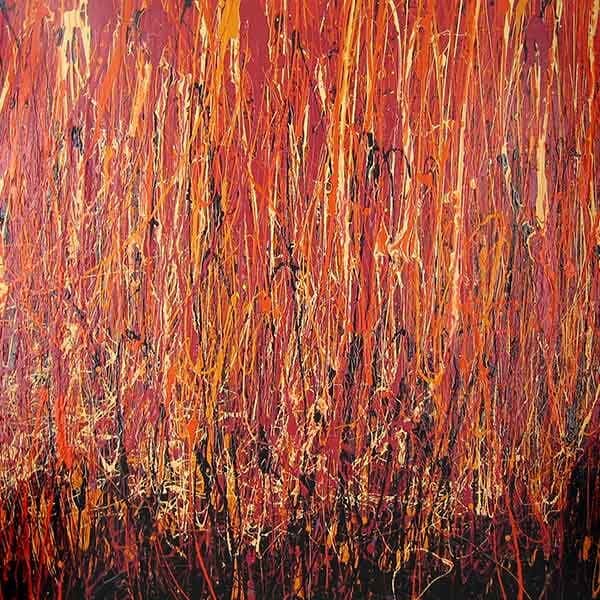 A large square abstract work wit deep reds, black, orange and touches of light orange in tribute to my favorite band, Van Halen.