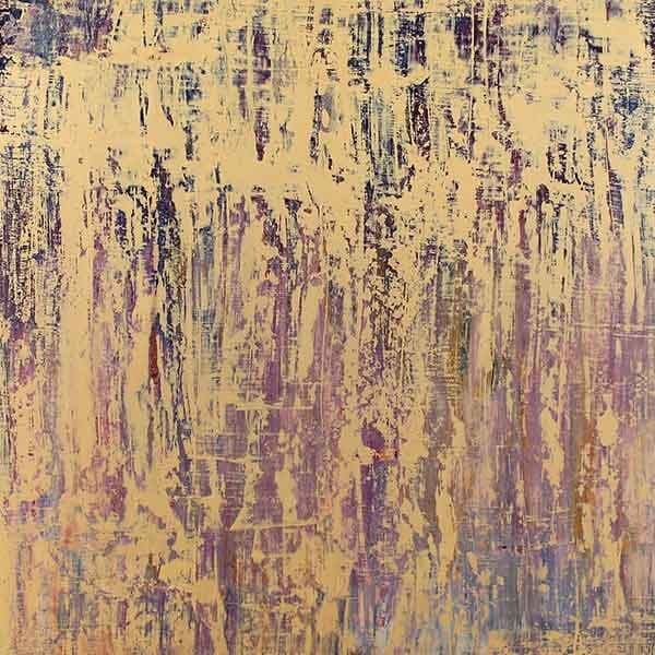 An abstract art piece made with oil paint that has a sandy flesh-tone color covering a reddish and purple base color.