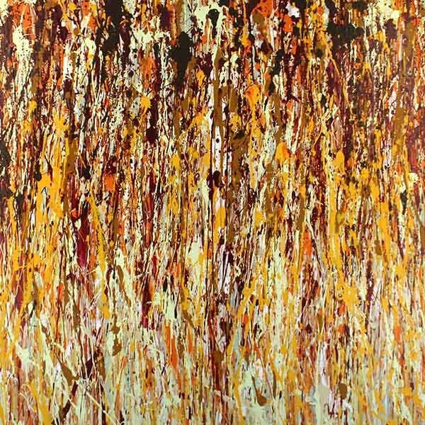A vibrant work with ornages, browns and greens with tight vertical splatter marks on the work building a field of colors on a square canvas, painted with latex acrylic paint.