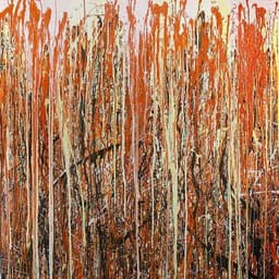An abstract painting on a square board with rich shades of orange with hints of blue and black.