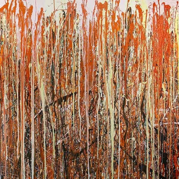 An abstract painting on a square board with rich shades of orange with hints of blue and black.