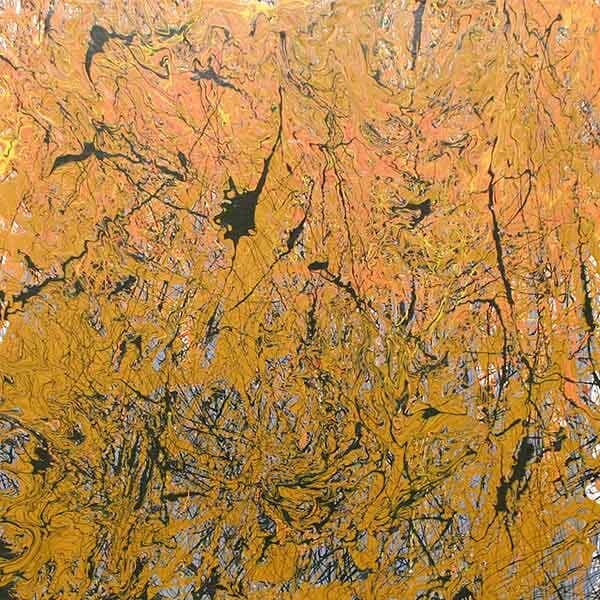 Scattered hairline lines and splatters of black cover a golden field of color with hints of orange and blue.