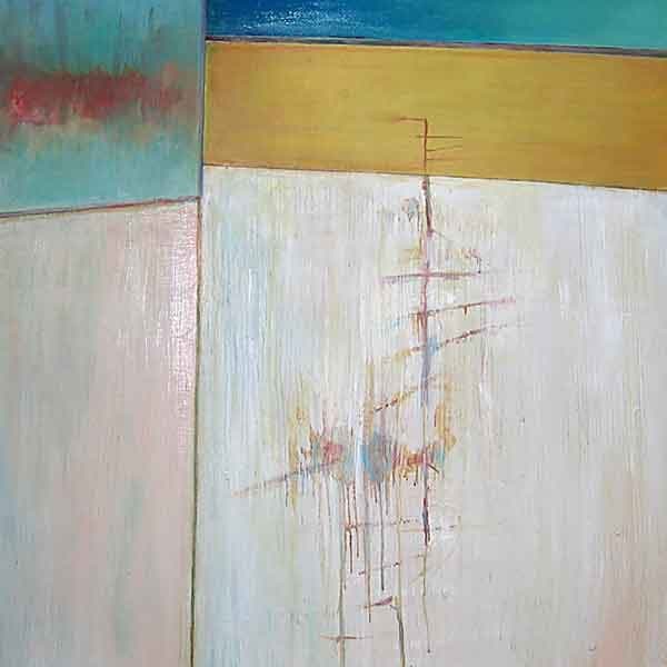 An abstract work on framed panel with various colors and textures that have divisions between each section.