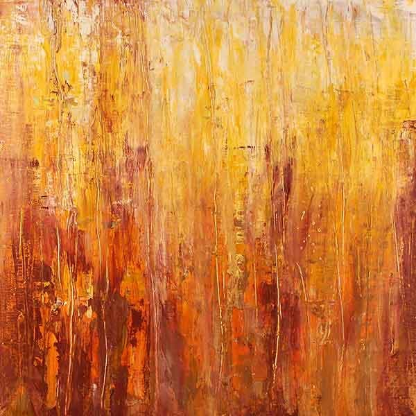 An oil painting on board made with a build up of red and progressively lighter orange colors on a square piece of wood.