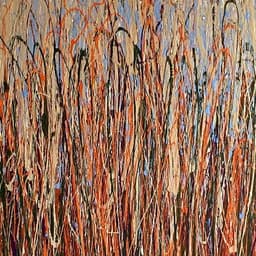 A rectangular abstract work on canvas with deep earthy colors and a prominent blue throughout the piece.