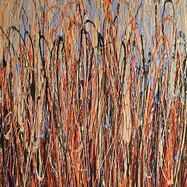 A rectangular abstract work on canvas with deep earthy colors and a prominent blue throughout the piece.