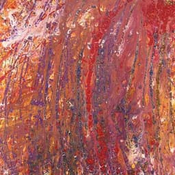An abstract piece on a square board with a rich purple red base with hints of purple, orange and white.