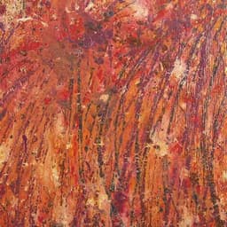 An abstract piece on a square board with a rich purple red base with hints of purple, orange and white.