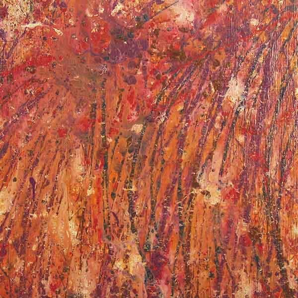 An abstract piece on a square board with a rich purple red base with hints of purple, orange and white.