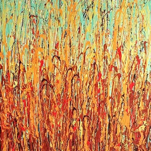 A vertical abstract piece on canvas with fiery earth tones in latex acrylic with a prominent green and yellow scheme at the top of the work.