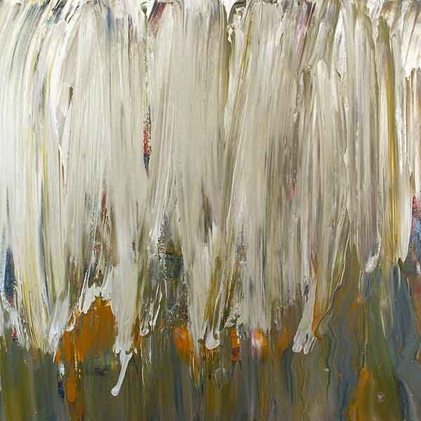 A smeraing of white mixed with an army green makes this abstract piece on a square board with hints of orange and blue.