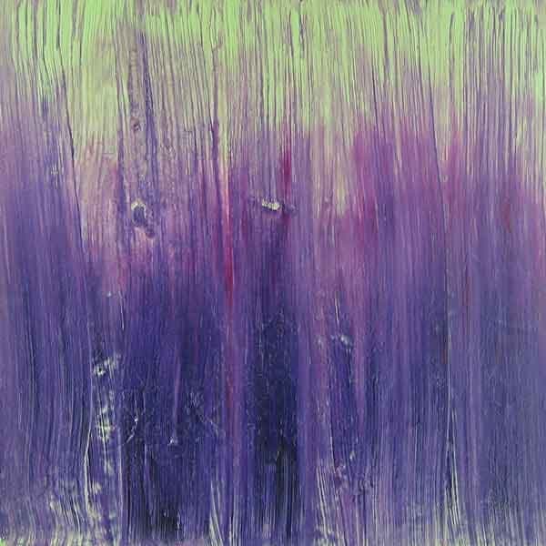 A square abstract work on panel with deep grooves made from gesso and the scraping technique, a large swath of deep purple blends with green and lighter purple.