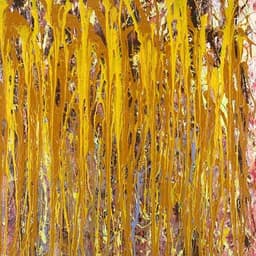A vertical rectangular abstract work where using found paints with a egg yolk and golden yellow with some shades of red and brown.