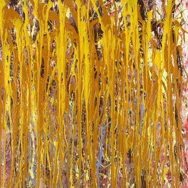 A vertical rectangular abstract work where using found paints with a egg yolk and golden yellow with some shades of red and brown.