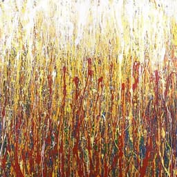 A square abstract work made with latex acrylic on canvas featuring yellow, red, ornage, yellow and gree primary colors.