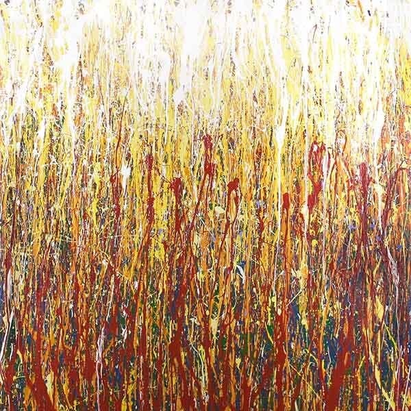 A square abstract work made with latex acrylic on canvas featuring yellow, red, ornage, yellow and gree primary colors.